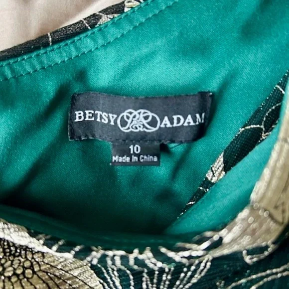 Betsy & Adam One-Shoulder Gold & Black Gown Dress Green Metallic Sheen Size 10 - Picture 2 of 9